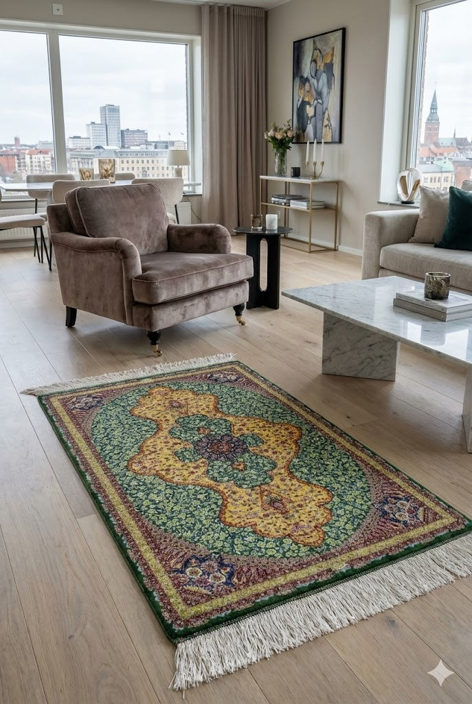 Elegant Persian Bamboo Silk Rug 60x90 cm – Robot-Woven & Hand-Knotted Edges