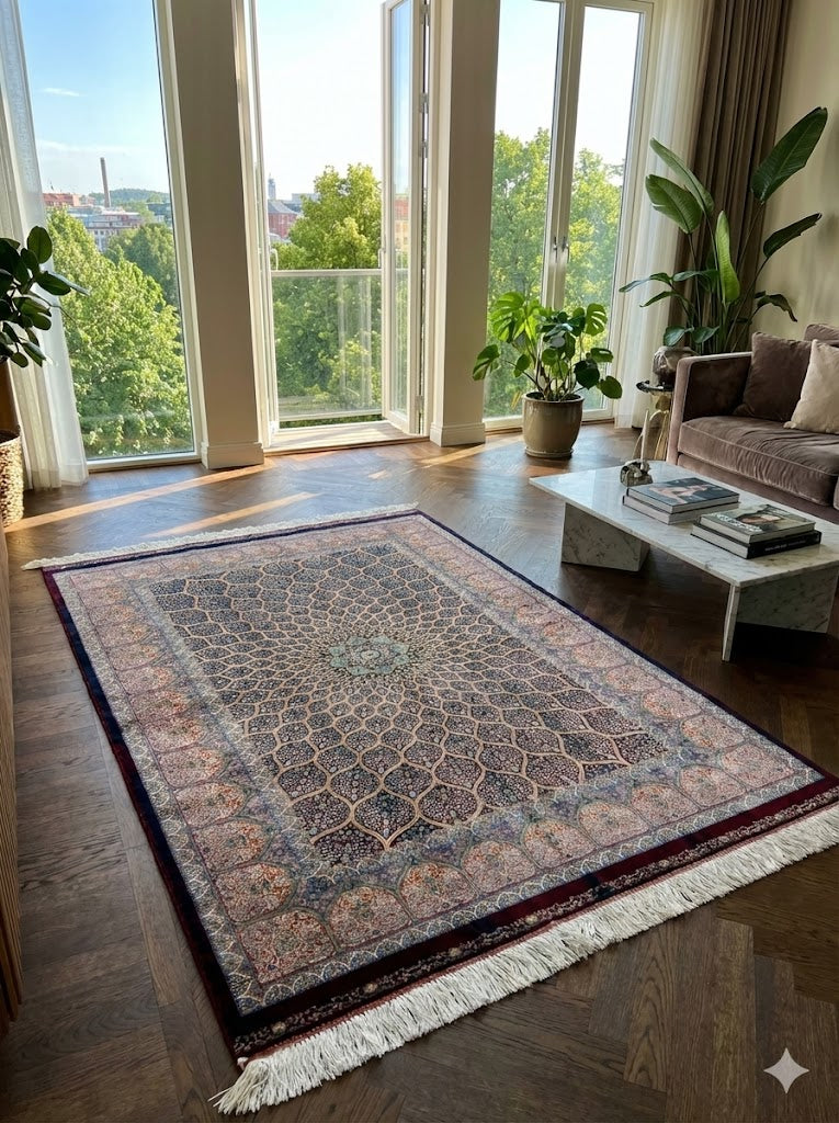 Luxury Persian Bamboo Silk Rug 120x180 cm – Robot-Woven & Hand-Knotted Edges