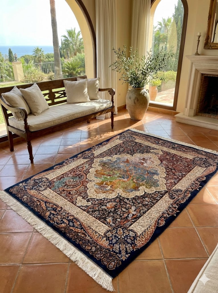 Luxury Persian Bamboo Silk Rug 120x180 cm – Robot-Woven & Hand-Knotted Edges