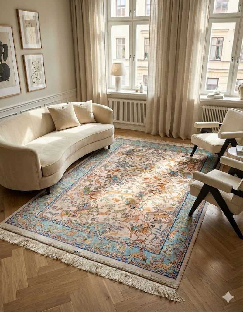 Luxury Persian Bamboo Silk Rug 120x180 cm – Robot-Woven & Hand-Knotted Edges