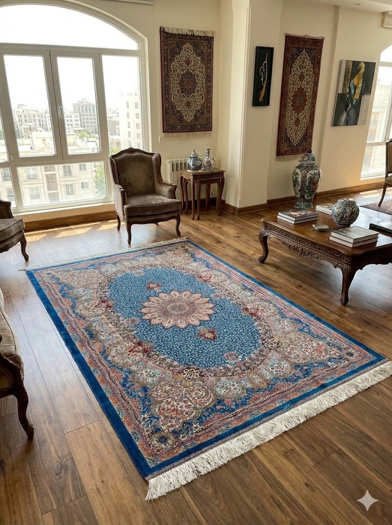 Luxury Persian Bamboo Silk Rug 120x180 cm – Robot-Woven & Hand-Knotted Edges