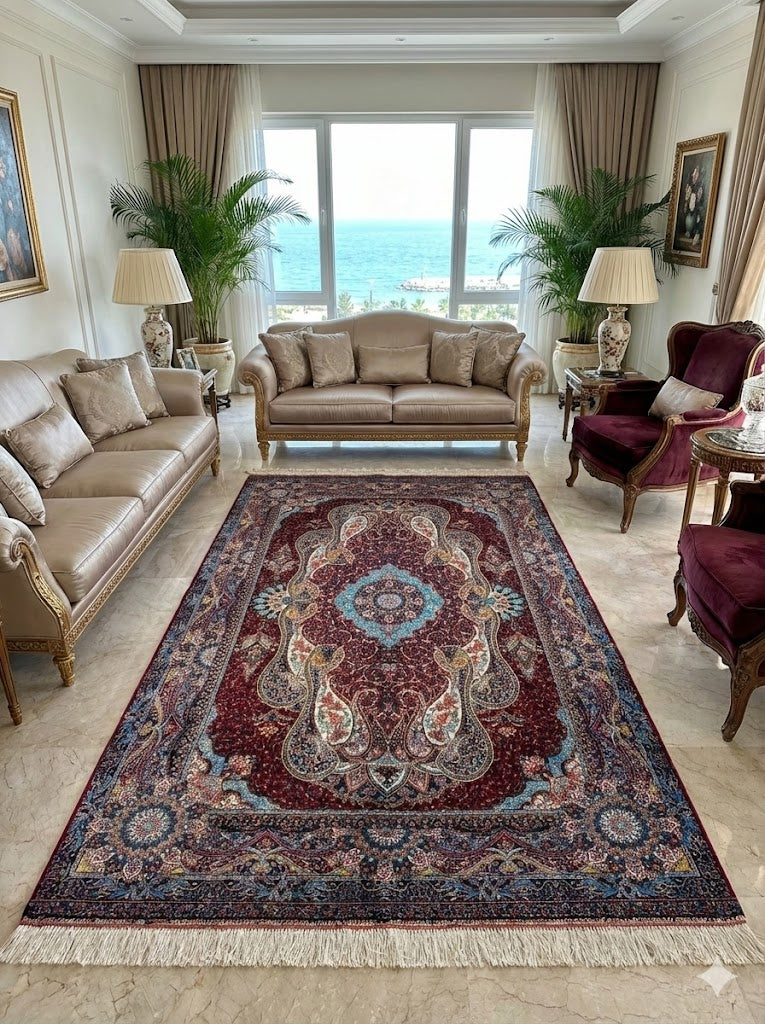 Luxury Persian Bamboo Silk Rug 100x150 cm – Robot-Woven & Hand-Knotted Edges