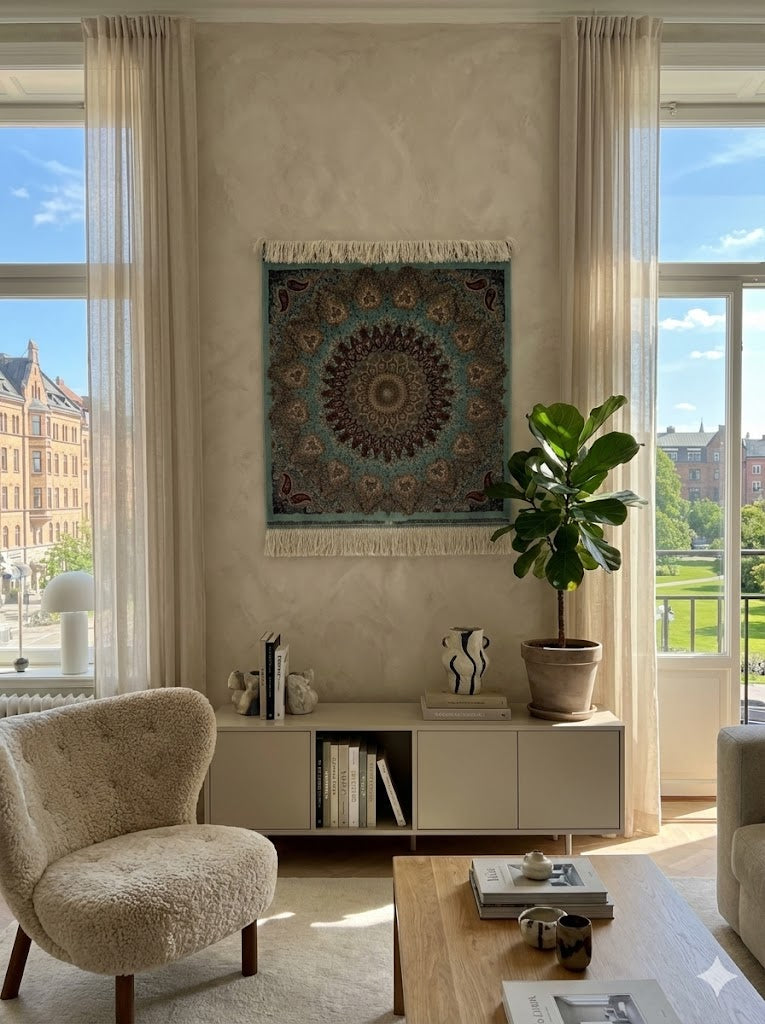 Luxury Persian Bamboo Silk Rug Wall Art Rug 70x70 cm – Robot-Woven & Hand-Knotted Edges