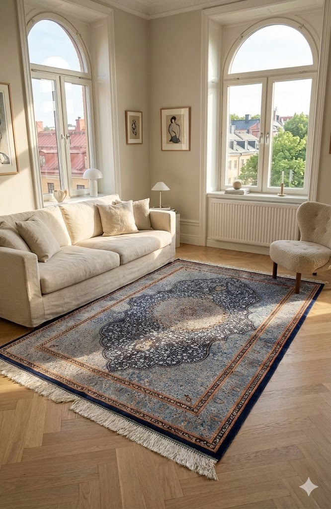 Luxury Persian Bamboo Silk Rug 100x150 cm – Robot-Woven & Hand-Knotted Edges