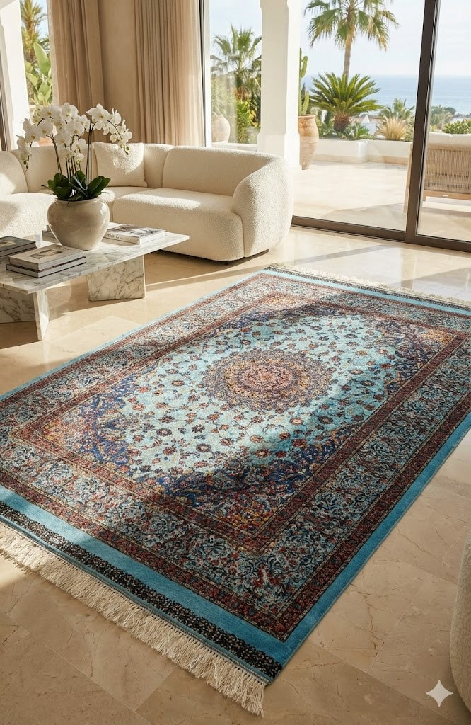 Luxury Persian Bamboo Silk Rug 120x180 cm – Robot-Woven & Hand-Knotted Edges
