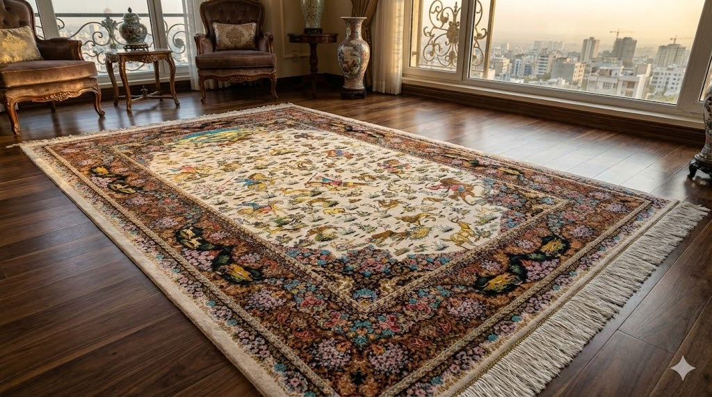 Luxury Persian Bamboo Silk Rug 100x150 cm – Robot-Woven & Hand-Knotted Edges