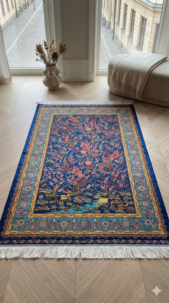 Luxury Persian Bamboo Silk Rug 100x150 cm – Robot-Woven & Hand-Knotted Edges
