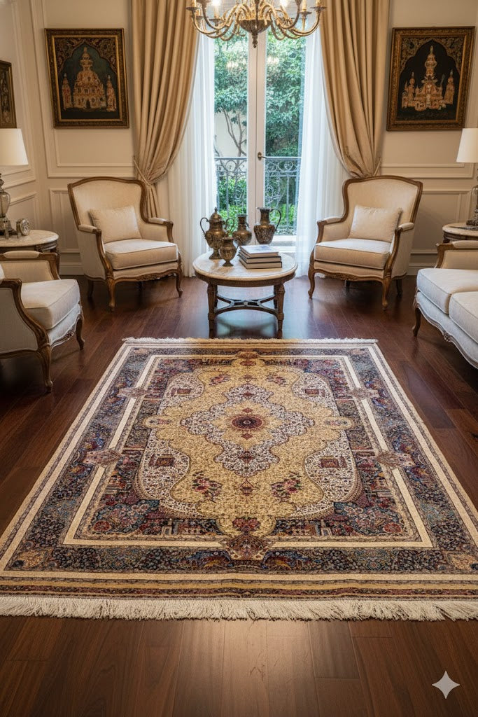 Luxury Persian Bamboo Silk Rug 150x225 cm – Robot-Woven & Hand-Knotted Edges