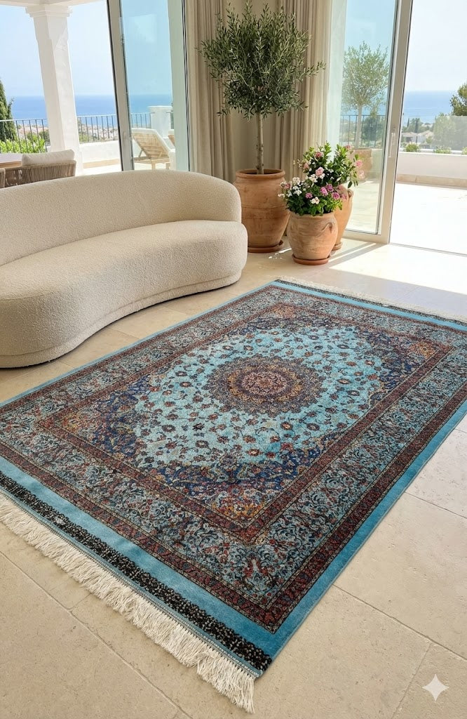 Luxury Persian Bamboo Silk Rug 120x180 cm – Robot-Woven & Hand-Knotted Edges