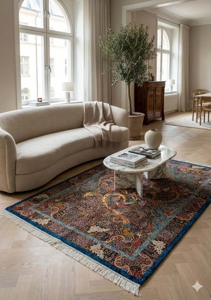 Luxury Persian Bamboo Silk Rug 100x150 cm – Robot-Woven & Hand-Knotted Edges