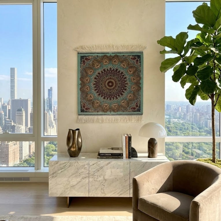 Luxury Persian Bamboo Silk Rug Wall Art Rug 70x70 cm – Robot-Woven & Hand-Knotted Edges