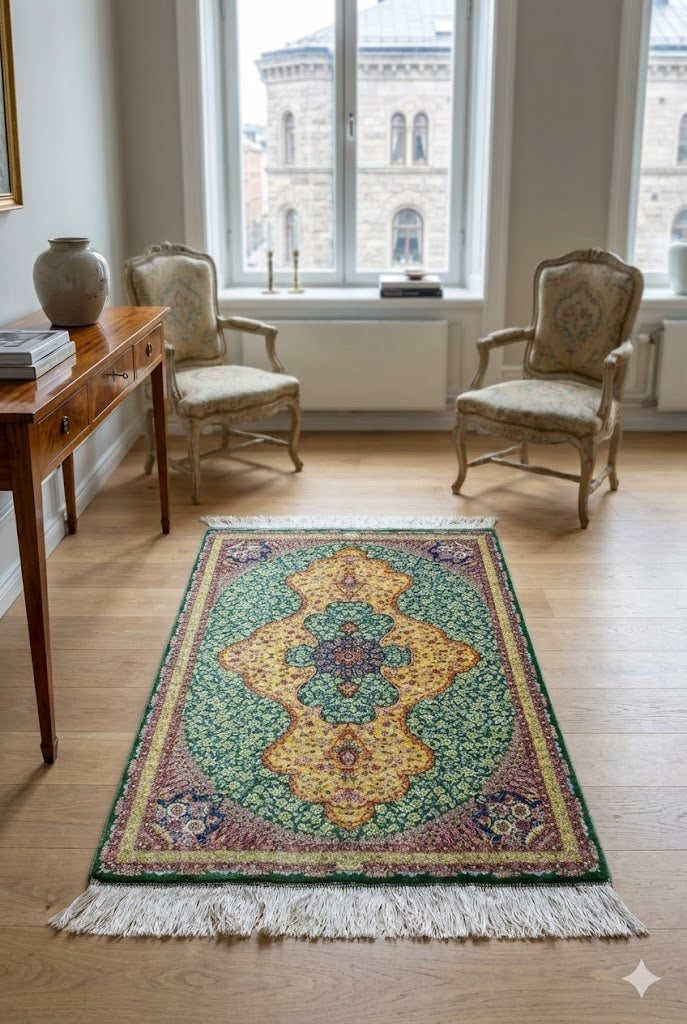 Elegant Persian Bamboo Silk Rug 60x90 cm – Robot-Woven & Hand-Knotted Edges