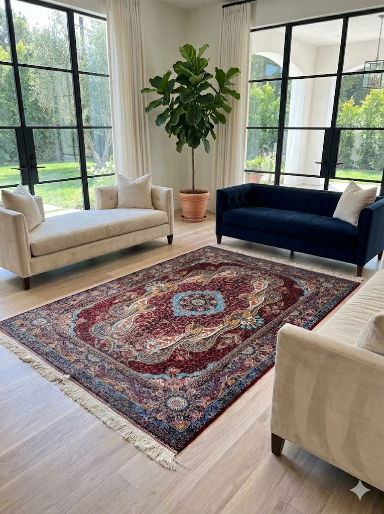 Luxury Persian Bamboo Silk Rug 100x150 cm – Robot-Woven & Hand-Knotted Edges