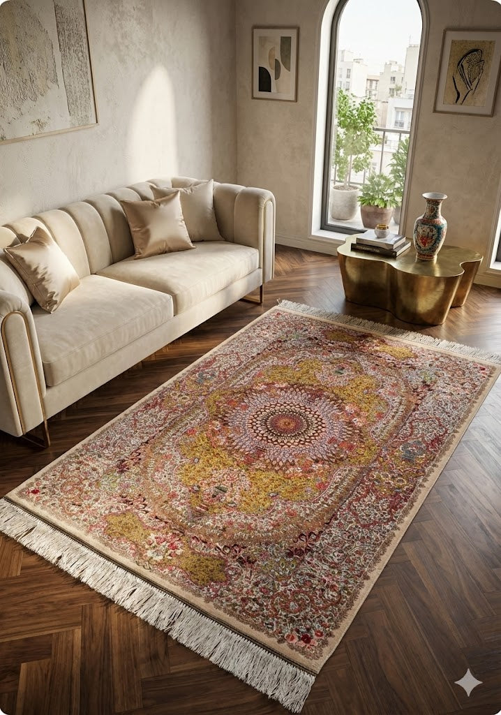 Luxury Persian Bamboo Silk Rug 80x120 cm – Robot-Woven & Hand-Knotted Edges