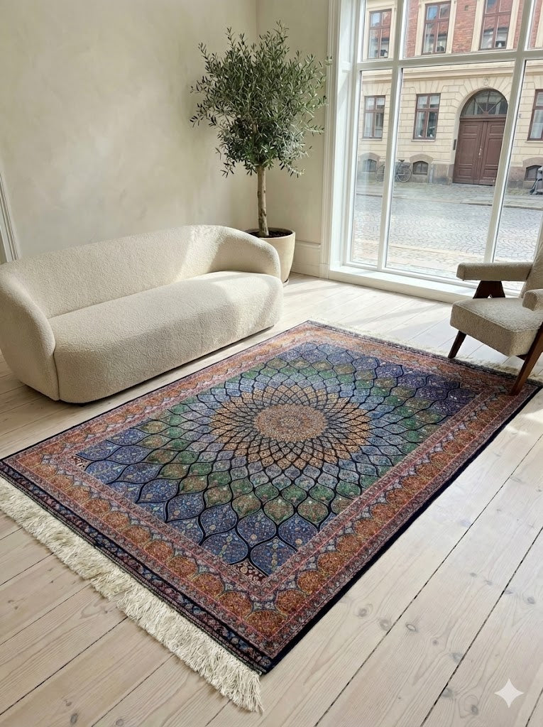 Luxury Persian Bamboo Silk Rug 120x180 cm – Robot-Woven & Hand-Knotted Edges