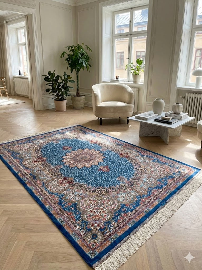 Luxury Persian Bamboo Silk Rug 120x180 cm – Robot-Woven & Hand-Knotted Edges