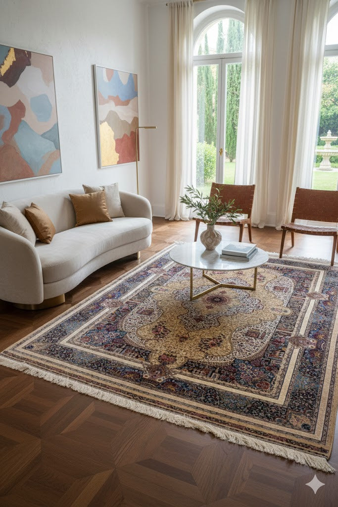 Luxury Persian Bamboo Silk Rug 150x225 cm – Robot-Woven & Hand-Knotted Edges
