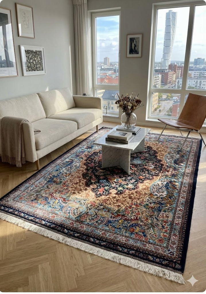 Luxury Persian Bamboo Silk Rug 150x225 cm – Robot-Woven & Hand-Knotted Edges