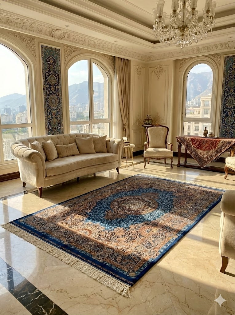 Luxury Persian Bamboo Silk Rug 120x180 cm – Robot-Woven & Hand-Knotted Edges