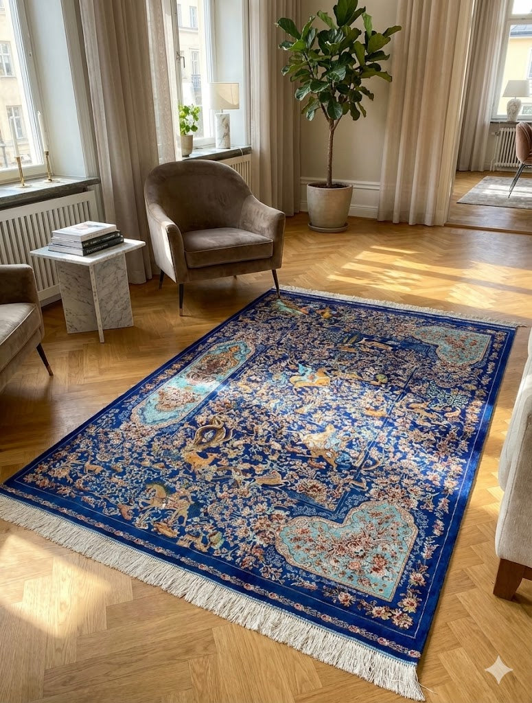 Luxury Persian Bamboo Silk Rug 120x180 cm – Robot-Woven & Hand-Knotted Edges