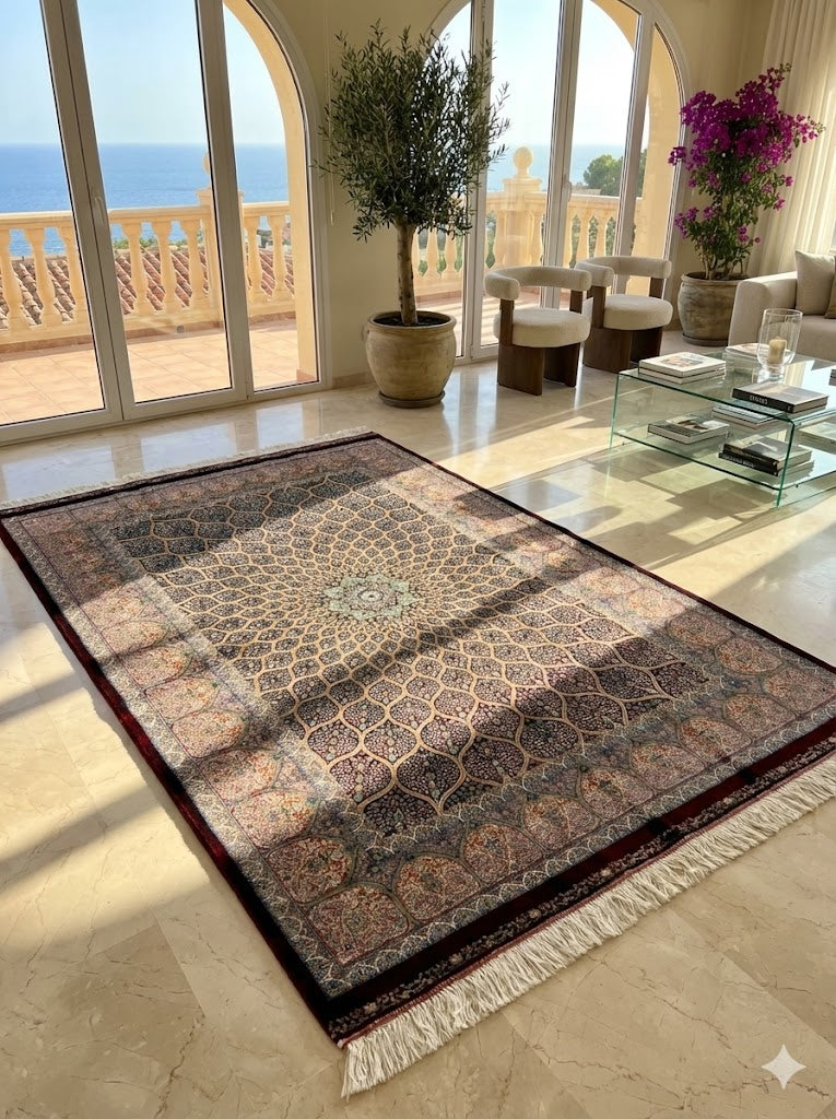 Luxury Persian Bamboo Silk Rug 120x180 cm – Robot-Woven & Hand-Knotted Edges