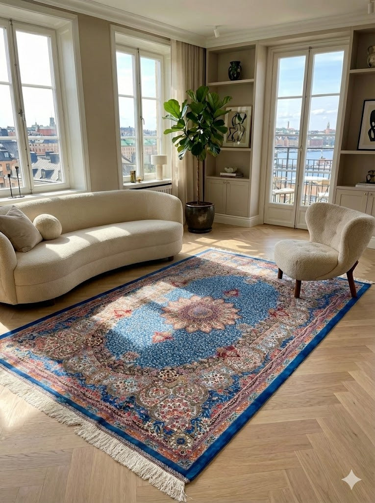 Luxury Persian Bamboo Silk Rug 120x180 cm – Robot-Woven & Hand-Knotted Edges
