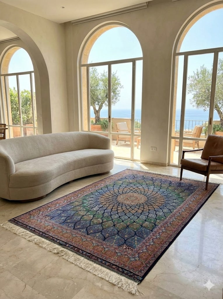 Luxury Persian Bamboo Silk Rug 120x180 cm – Robot-Woven & Hand-Knotted Edges