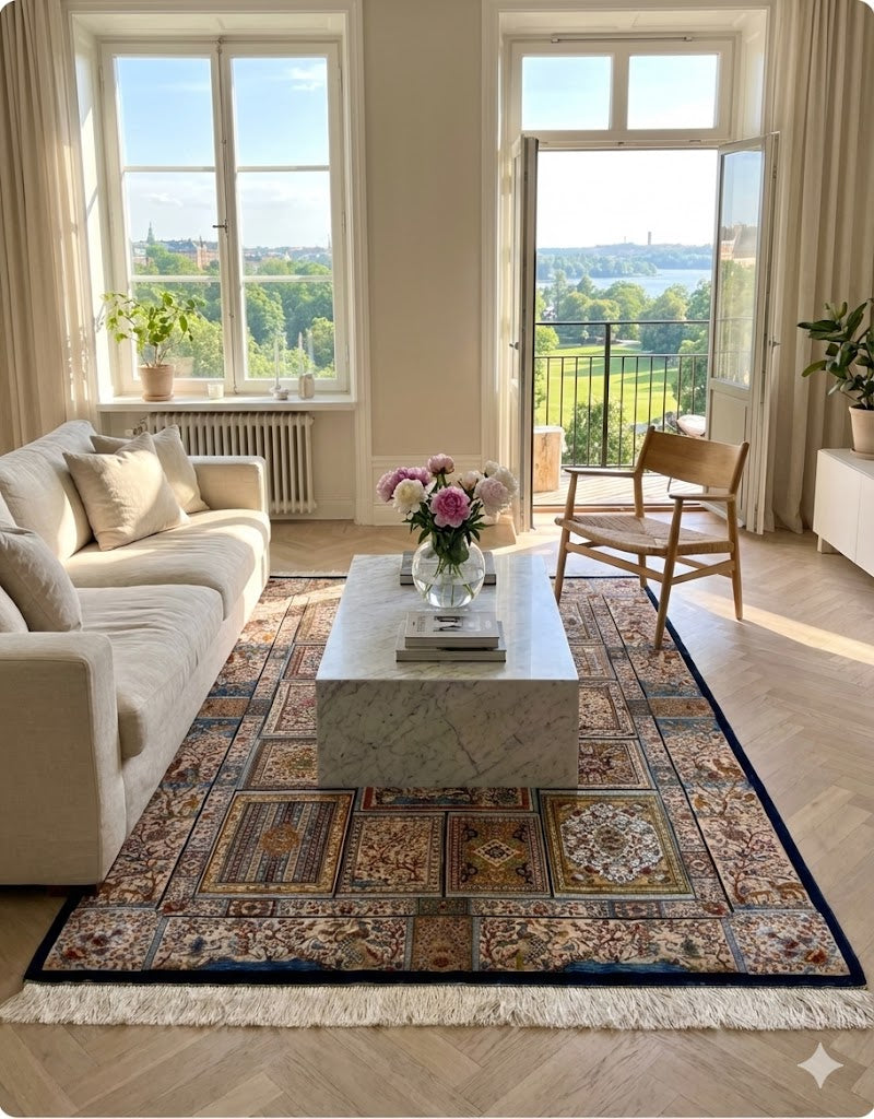 Luxury Persian Bamboo Silk Rug 120x180 cm – Robot-Woven & Hand-Knotted Edges