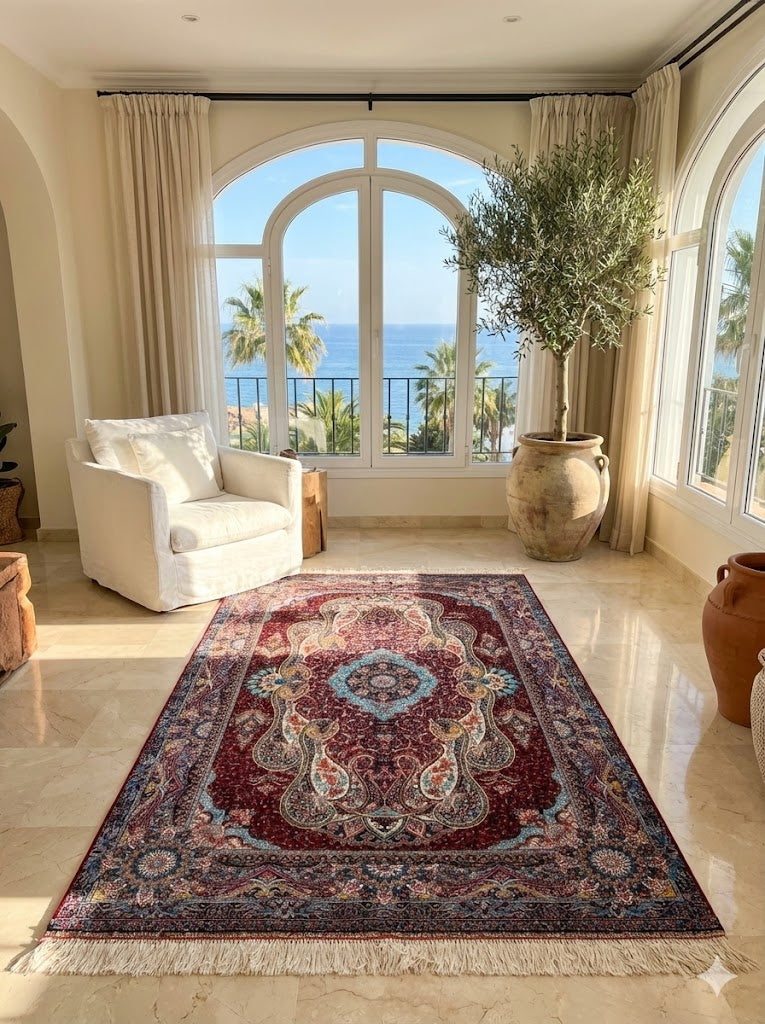 Luxury Persian Bamboo Silk Rug 100x150 cm – Robot-Woven & Hand-Knotted Edges