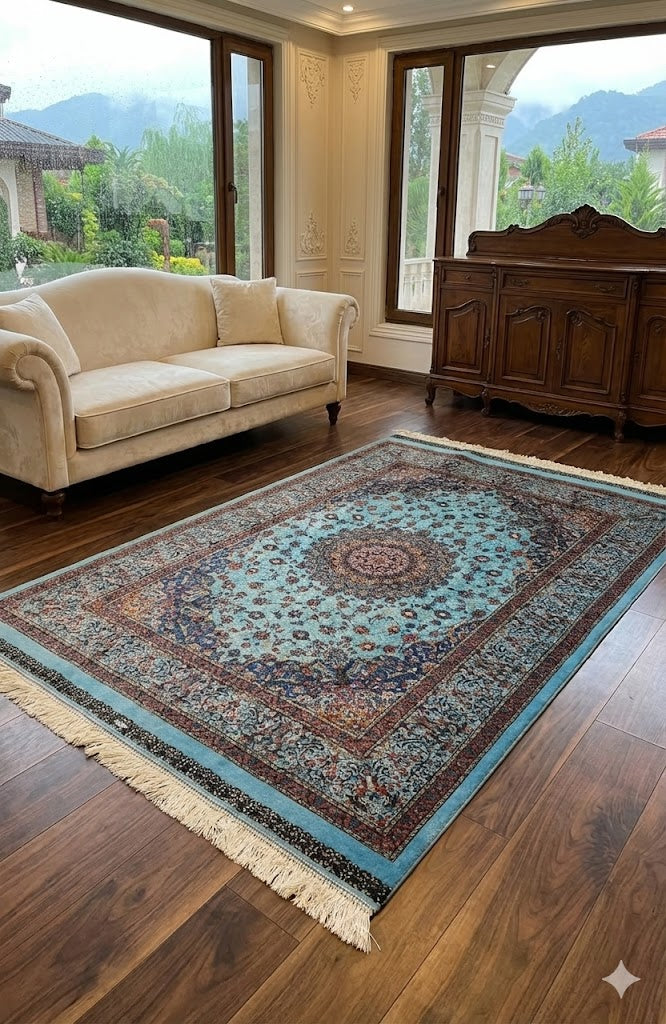 Luxury Persian Bamboo Silk Rug 120x180 cm – Robot-Woven & Hand-Knotted Edges