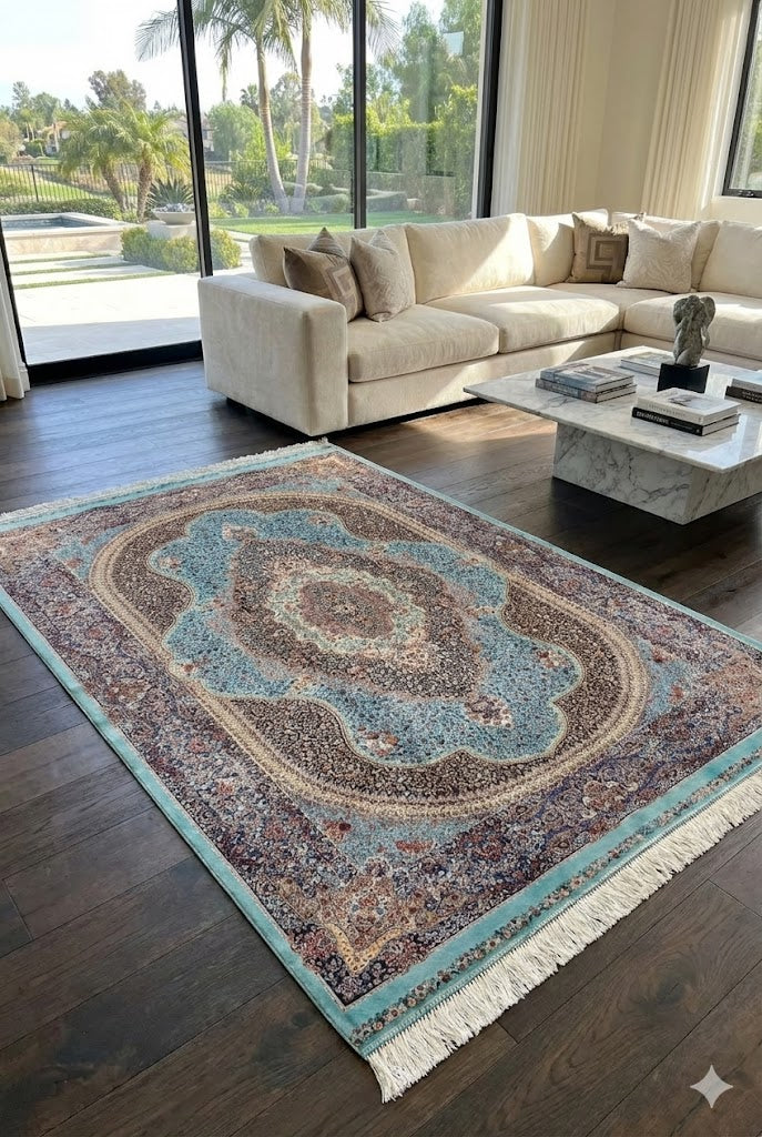 Luxury Persian Bamboo Silk Rug 120x180 cm – Robot-Woven & Hand-Knotted Edges