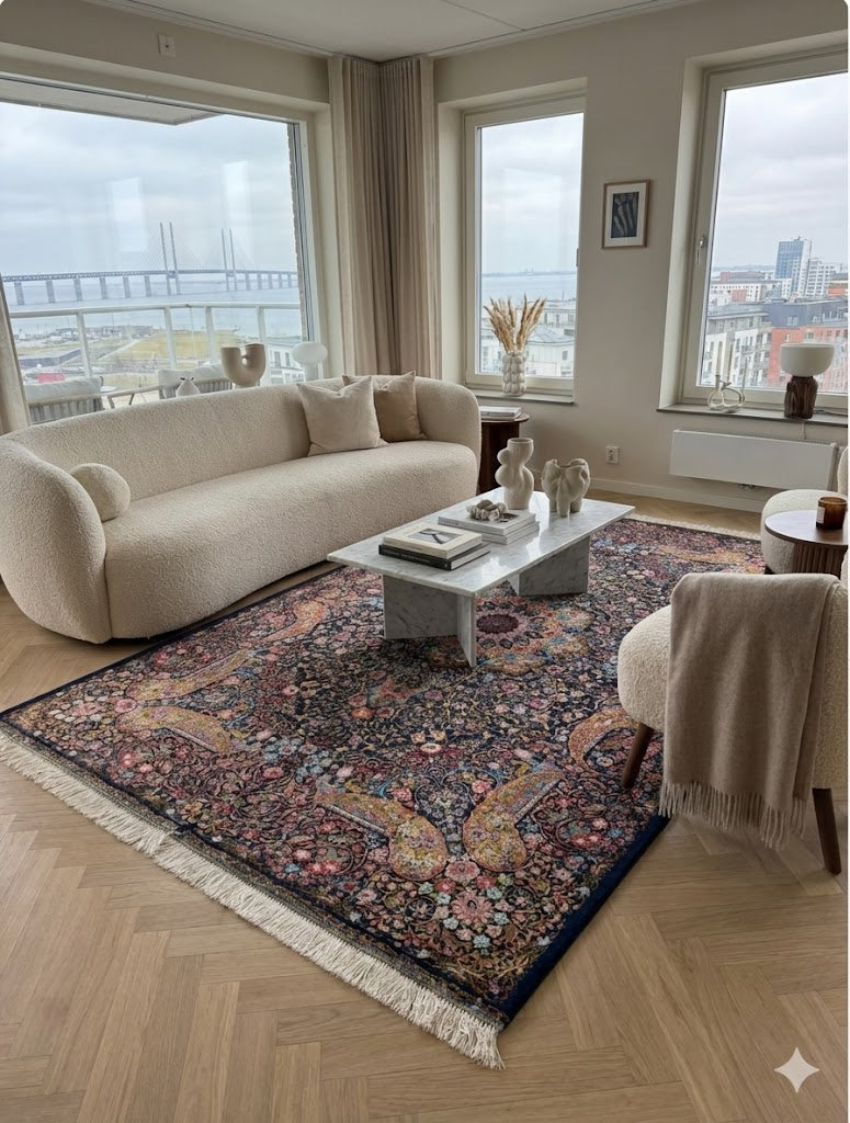 Luxury Persian Bamboo Silk Rug 100x150 cm – Robot-Woven & Hand-Knotted Edges