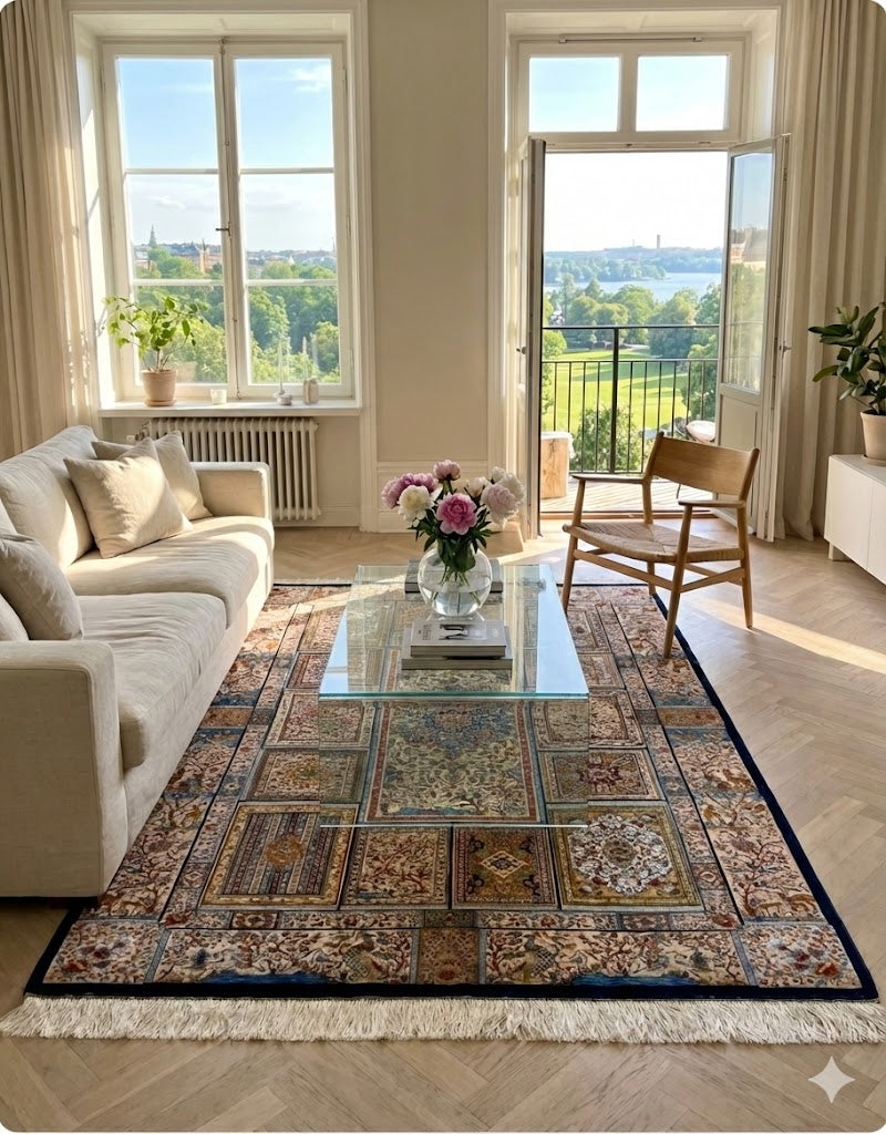 Luxury Persian Bamboo Silk Rug 120x180 cm – Robot-Woven & Hand-Knotted Edges