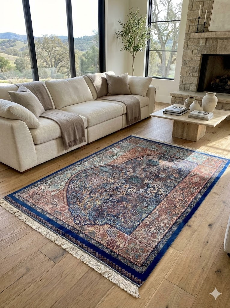 Luxury Persian Bamboo Silk Rug 100x150 cm – Robot-Woven & Hand-Knotted Edges