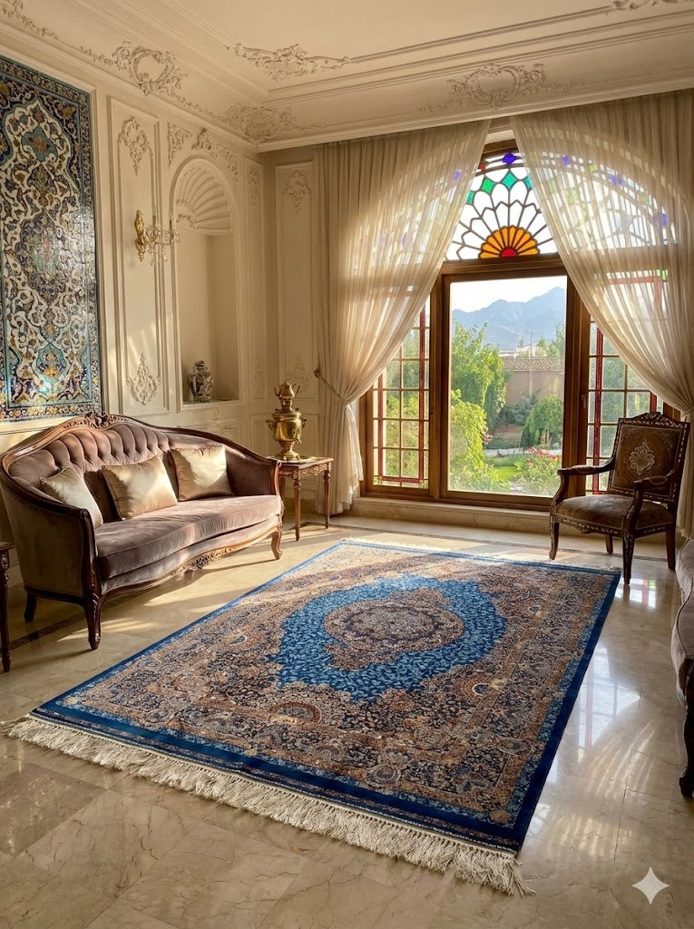 Luxury Persian Bamboo Silk Rug 120x180 cm – Robot-Woven & Hand-Knotted Edges