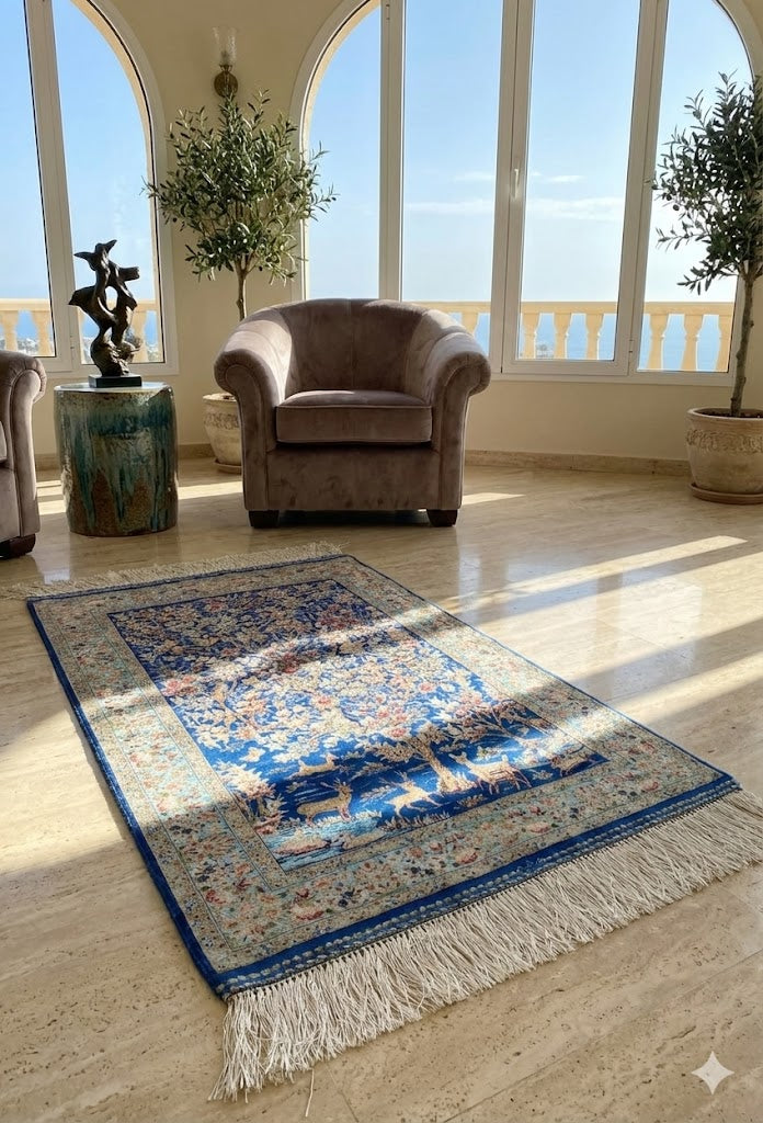 Elegant Persian Bamboo Silk Rug 60x90 cm – Robot-Woven & Hand-Knotted Edges