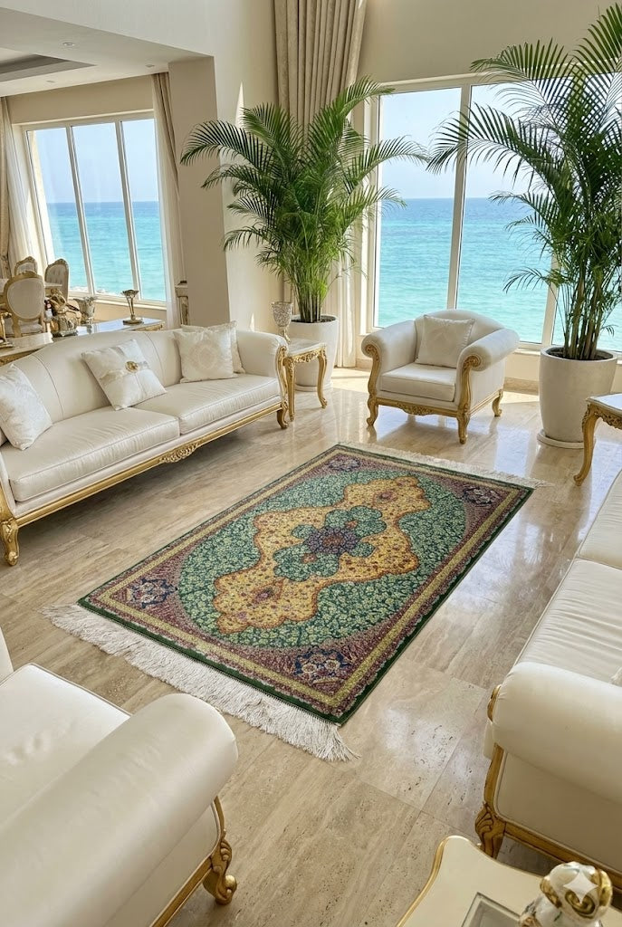 Elegant Persian Bamboo Silk Rug 60x90 cm – Robot-Woven & Hand-Knotted Edges