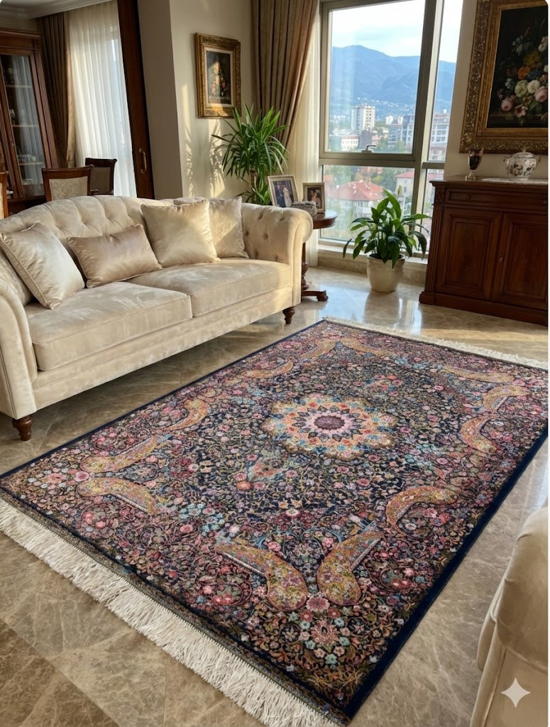 Luxury Persian Bamboo Silk Rug 100x150 cm – Robot-Woven & Hand-Knotted Edges