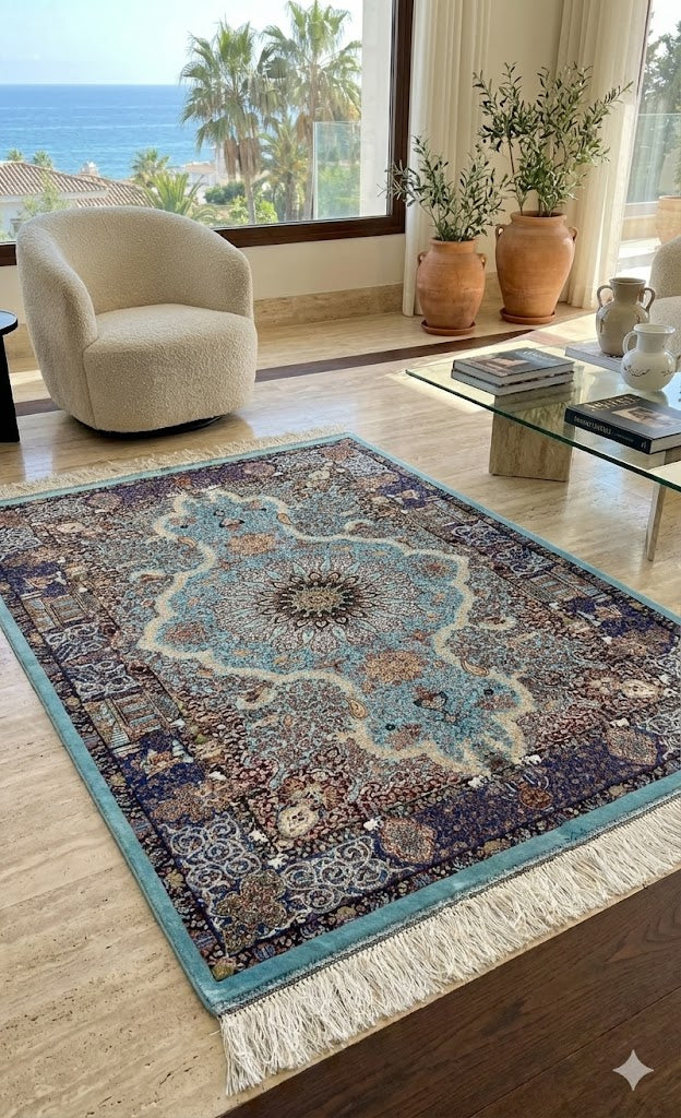 Luxury Persian Bamboo Silk Rug 80x120 cm – Robot-Woven & Hand-Knotted Edges