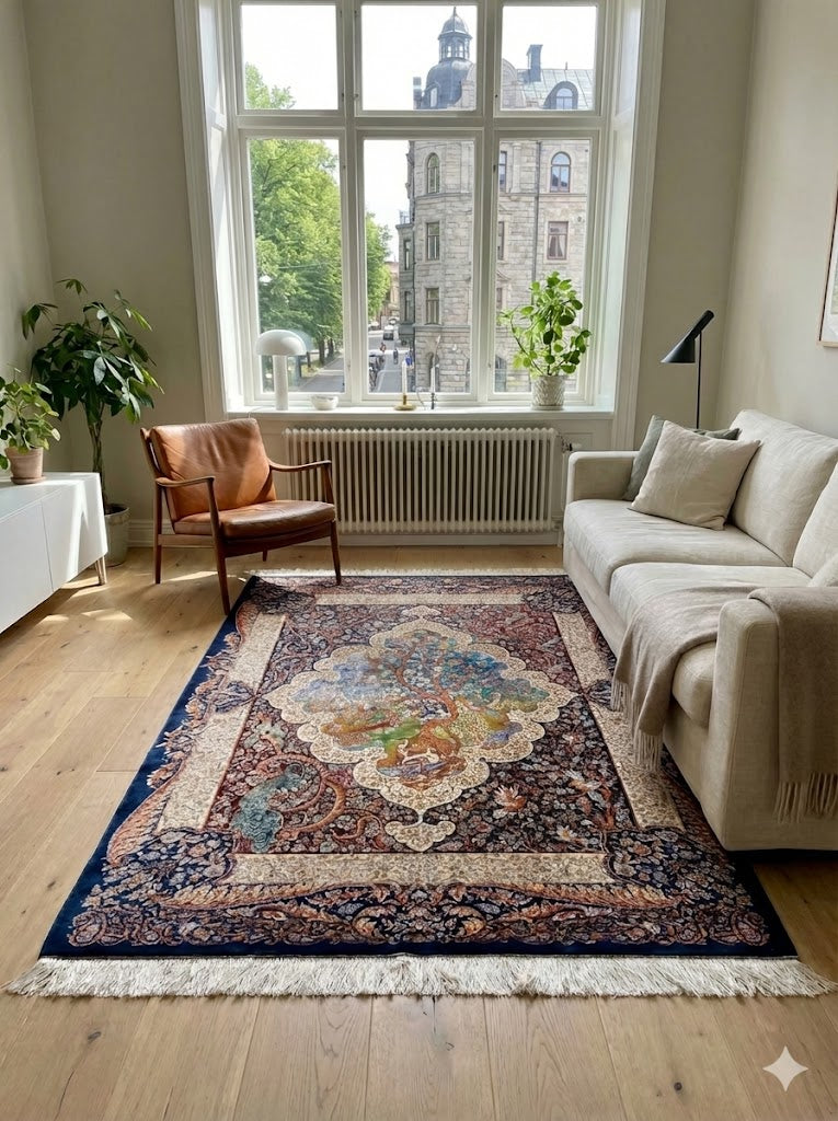 Luxury Persian Bamboo Silk Rug 120x180 cm – Robot-Woven & Hand-Knotted Edges