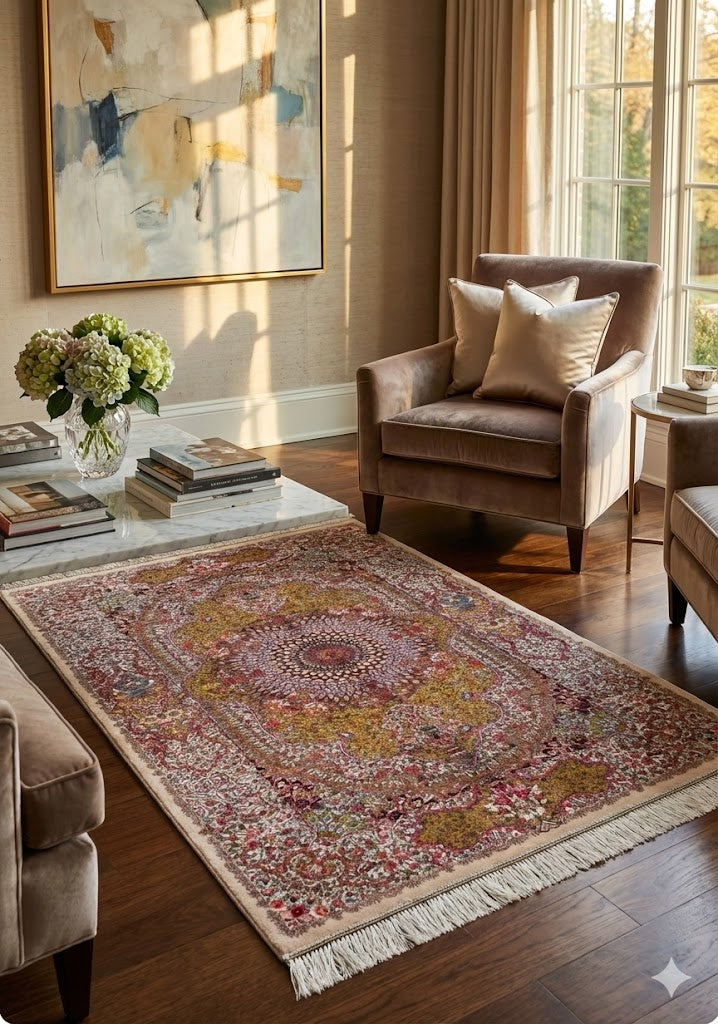 Luxury Persian Bamboo Silk Rug 80x120 cm – Robot-Woven & Hand-Knotted Edges