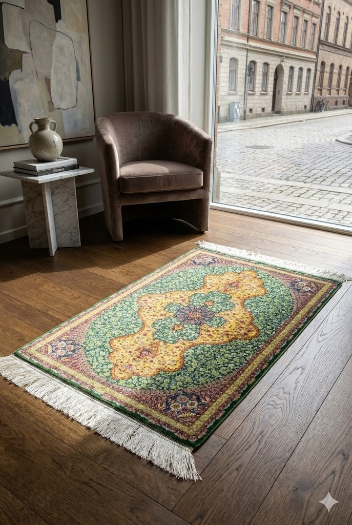 Elegant Persian Bamboo Silk Rug 60x90 cm – Robot-Woven & Hand-Knotted Edges