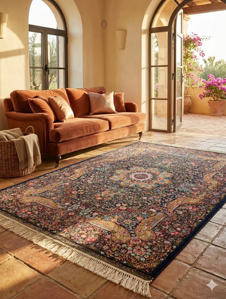 Luxury Persian Bamboo Silk Rug 100x150 cm – Robot-Woven & Hand-Knotted Edges