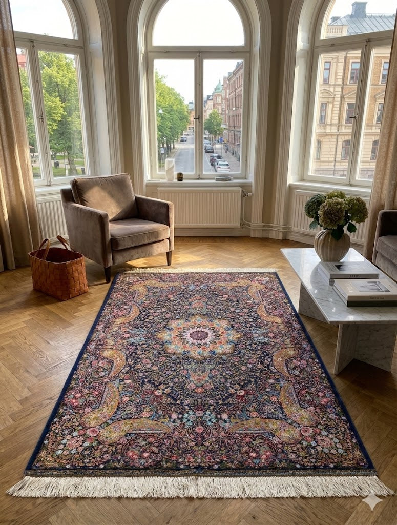 Luxury Persian Bamboo Silk Rug 100x150 cm – Robot-Woven & Hand-Knotted Edges
