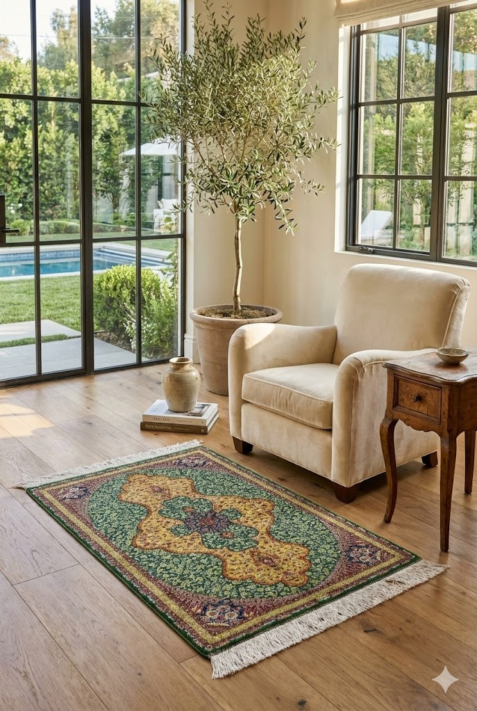 Elegant Persian Bamboo Silk Rug 60x90 cm – Robot-Woven & Hand-Knotted Edges