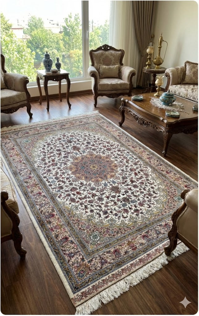 Luxury Persian Bamboo Silk Rug 150x225 cm – Robot-Woven & Hand-Knotted Edges