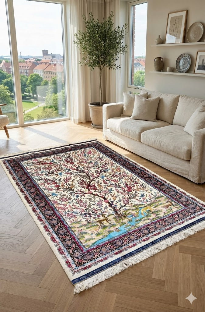 Luxury Persian Bamboo Silk Rug 120x180 cm – Robot-Woven & Hand-Knotted Edges