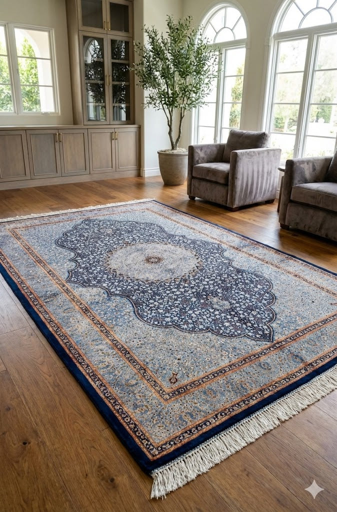 Luxury Persian Bamboo Silk Rug 100x150 cm – Robot-Woven & Hand-Knotted Edges