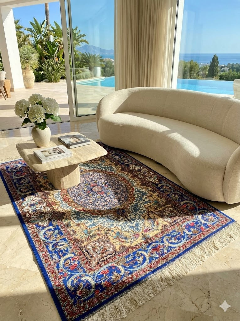 Luxury Persian Bamboo Silk Rug 100x150 cm – Robot-Woven & Hand-Knotted Edges