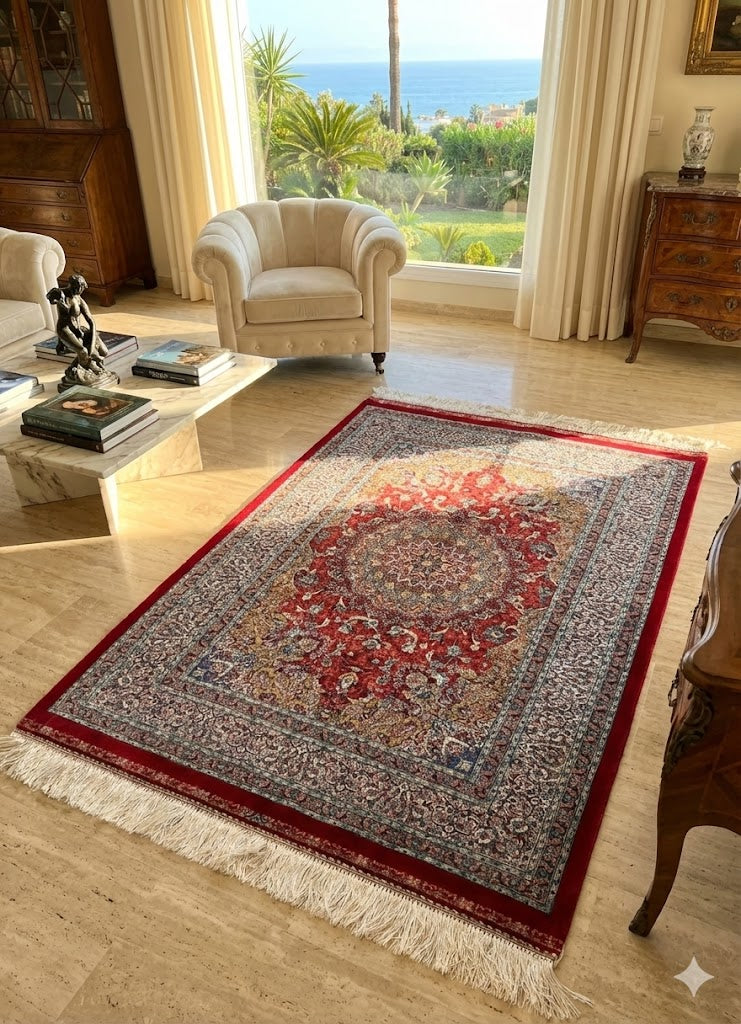 Luxury Persian Bamboo Silk Rug 80x120 cm – Robot-Woven & Hand-Knotted Edges